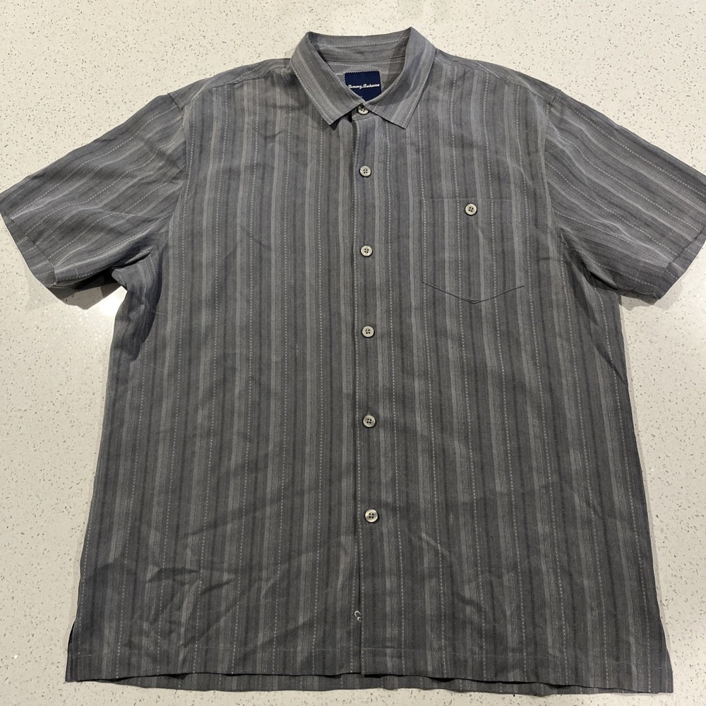 Tommy Bahama Hawaii Button Up Shirt Men's Gray Striped All Silk XL Short Sleeve